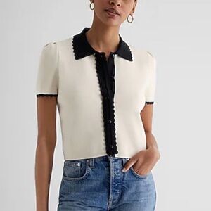 Express Scalloped Trim Cropped Polo Cardigan Size Large